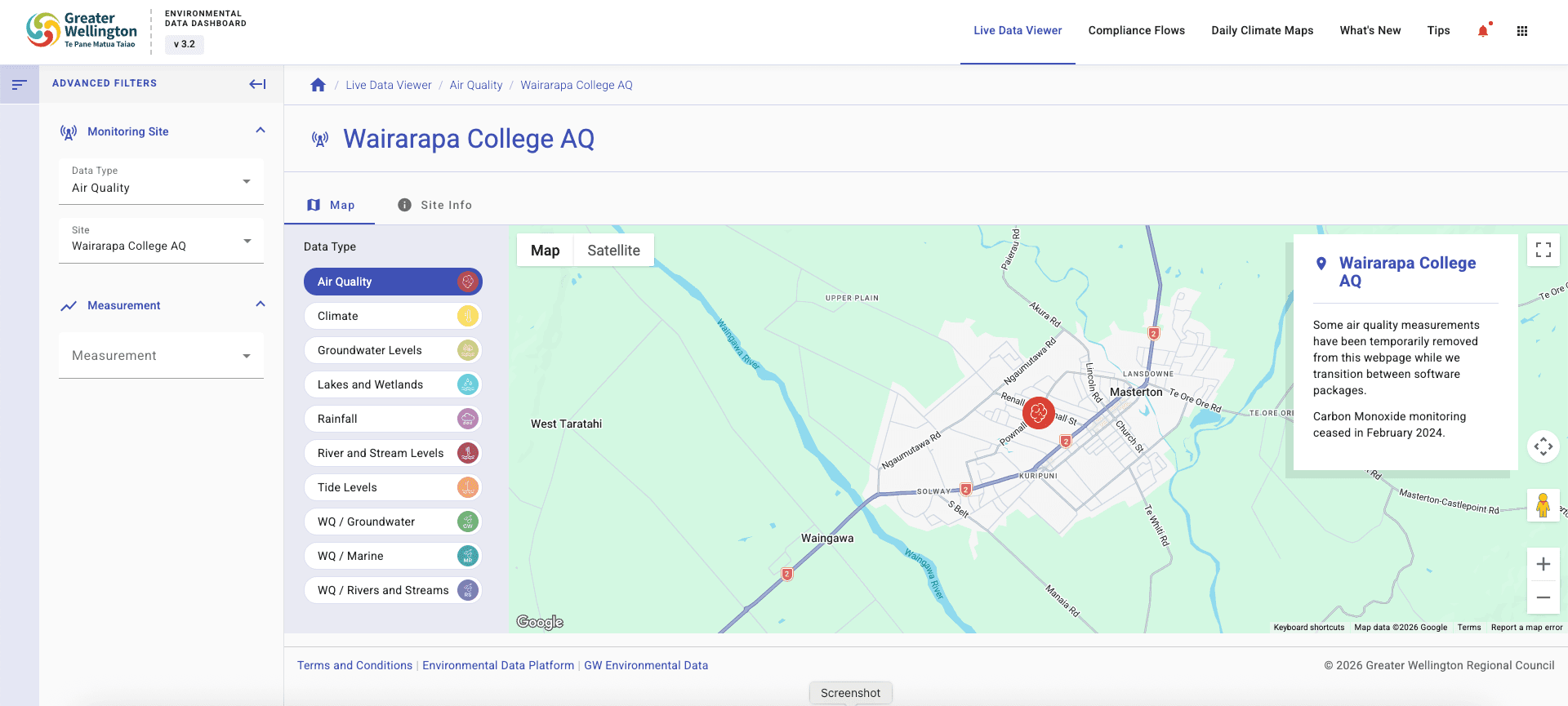 Map-based filtering of monitoring site locations within the Greater Wellington region